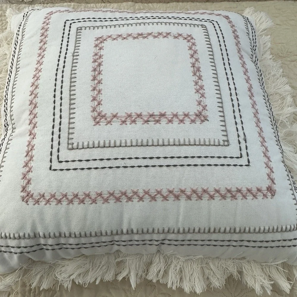 Modern Dreams Throw Pillow‎ 16x16 Inch Cross Stitch Embroidered Geometric White